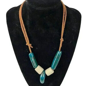 Ceramic Beaded Necklace Leather Adjustable Handmade
